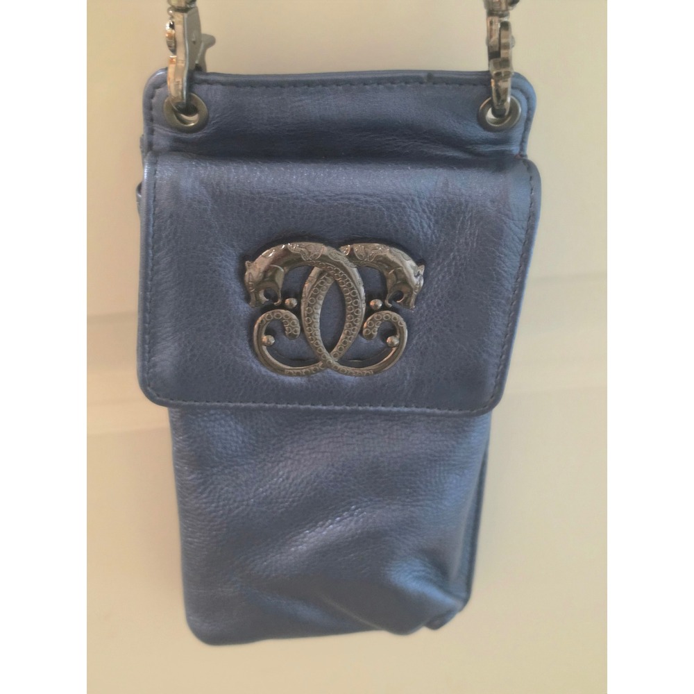 Shariff Metallic Blue Leather Crossbody Phone Bag Panther Emblem Small Messenger